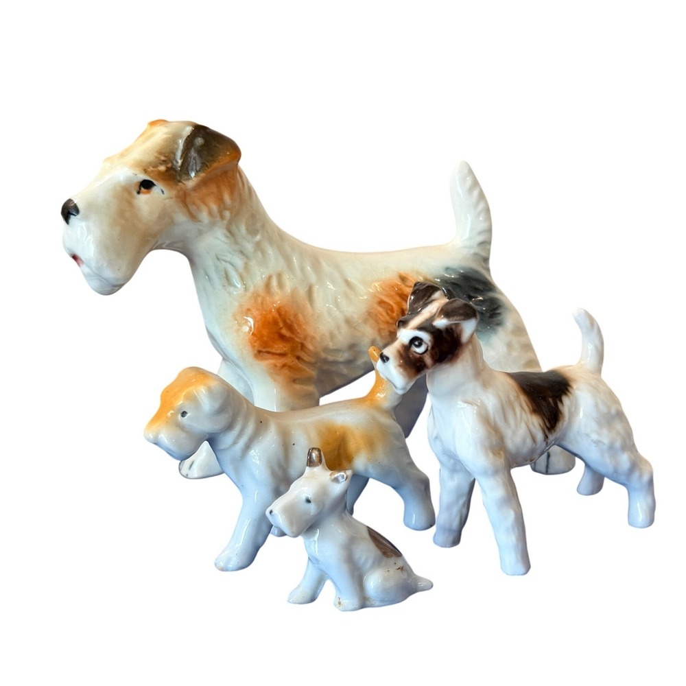 Vintage Porcelain Fox Terrier Dog Figurines Set 4 Wire Haired Terrier Miniatures
